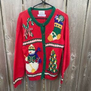 Marisa Christina Vintage Christmas Patchwork Button Cardigan Snowman Tree